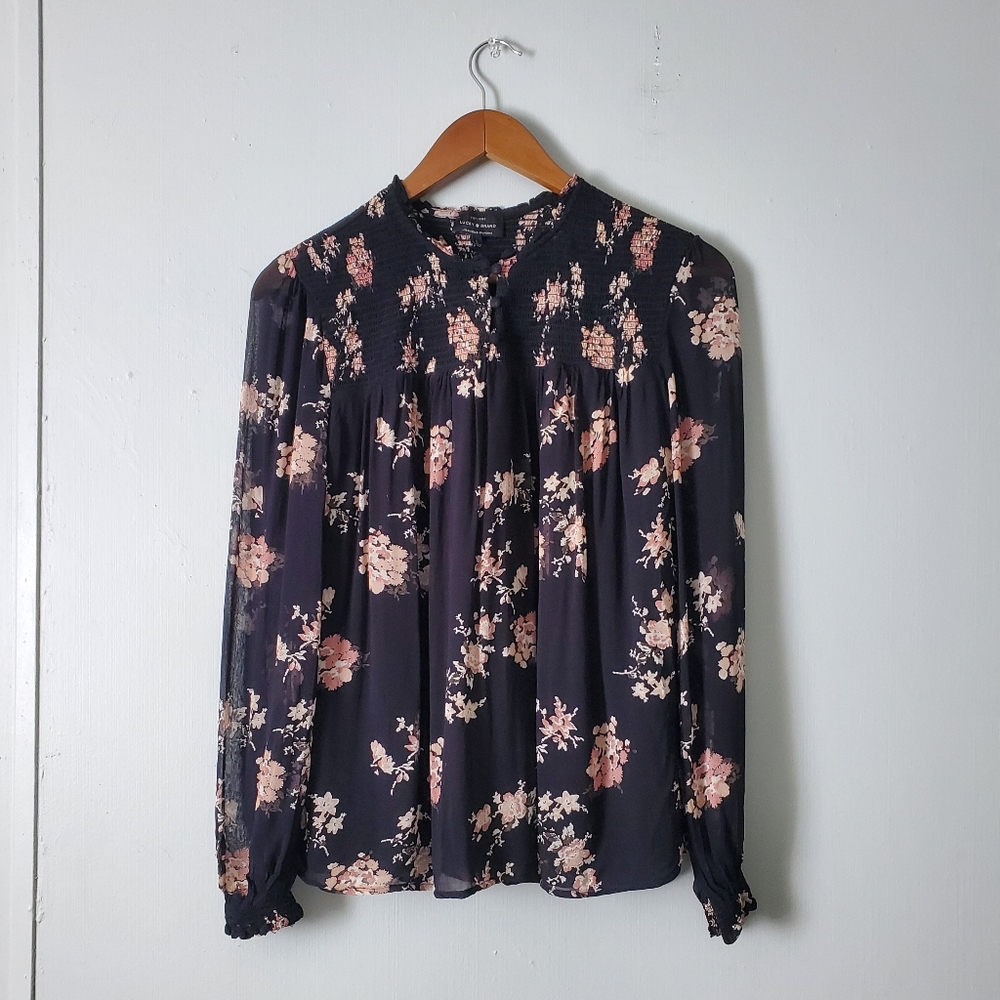 Lucky Brand | Boho Peasant Ruffle Floral Print Button Long Sleeve Blouse Top